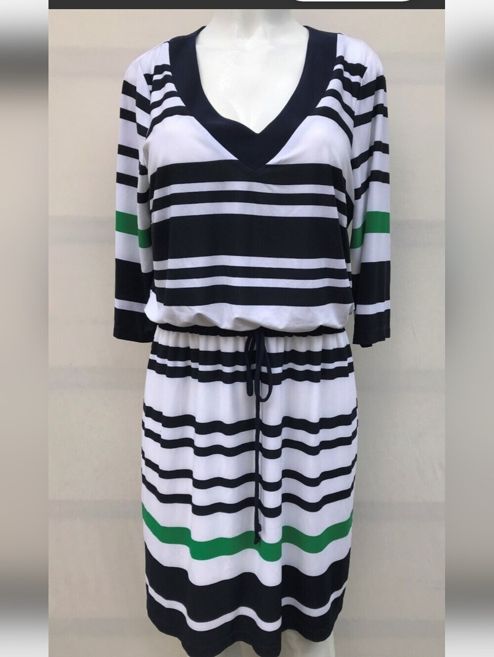 Striped V-Neck Lined Casual Dress in Navy, White & Green With Cinched Waist. SzM